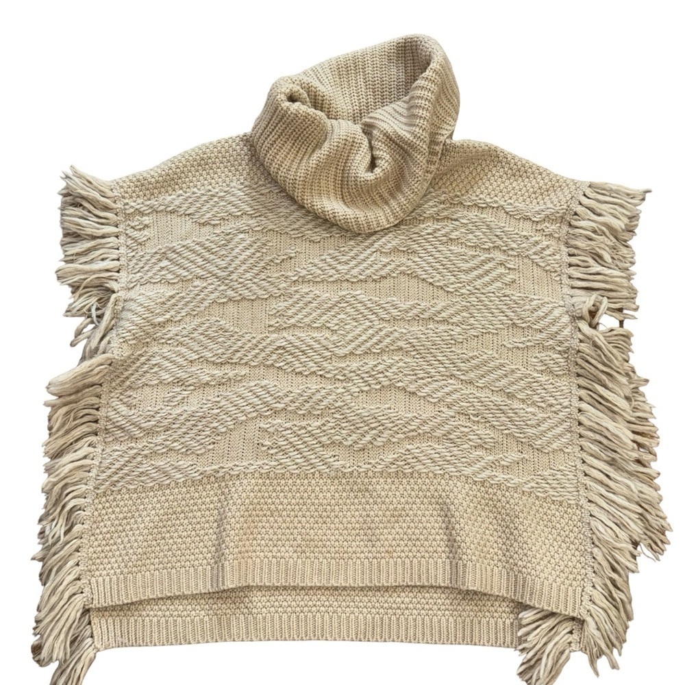 Lucky Brand Bohemian Tan Pancho Hippie 70’s Women’s XS/S Fringe Knit pullover